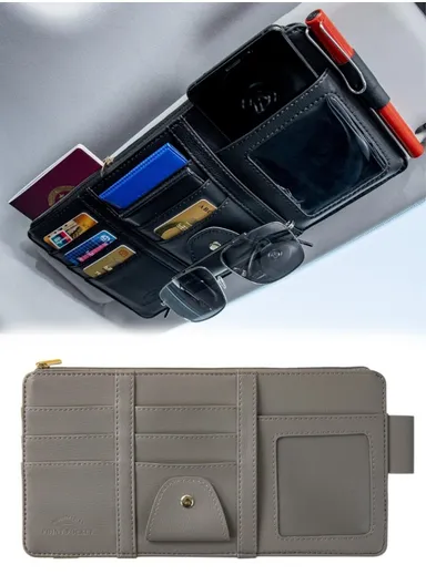 Car Sun Visor Zipper Pocket Storage Bag Microfiber Leather Cards Glasses Phone Holder Bag - Grey