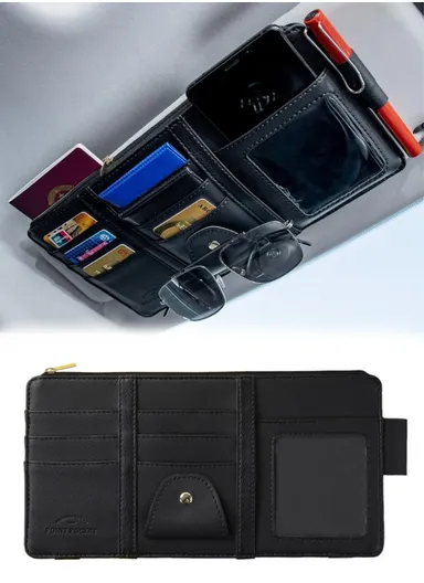 Car Sun Visor Zipper Pocket Storage Bag Microfiber Leather Cards Glasses Phone Holder Bag - Black