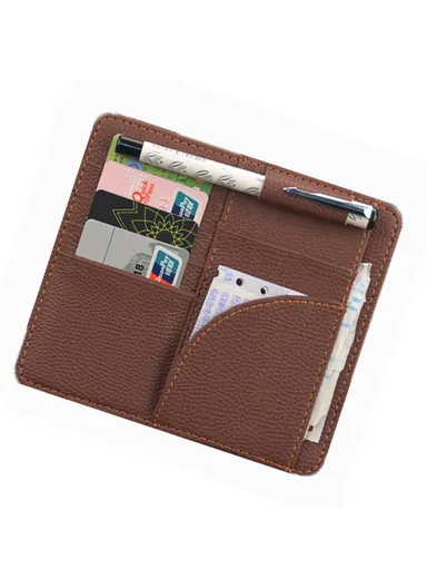 Car Sun Visor Storage Bag PU Leather Cards Bills Driver License Holder Bag (L16.3 x W14.5)cm - Brown