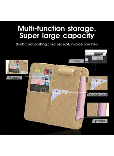 Car Sun Visor Storage Bag PU Leather Cards Bills Driver License Holder Bag (L16.3 x W14.5)cm - Brown