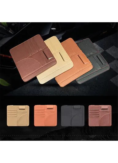Car Sun Visor Storage Bag PU Leather Cards Bills Driver License Holder Bag (L16.3 x W14.5)cm - Beige 
