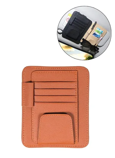 Car Sun Visor Storage Bag Litchi Texture PU Leather Cards Bills Glasses Holder (L15.8 x W12.4)cm - Orange