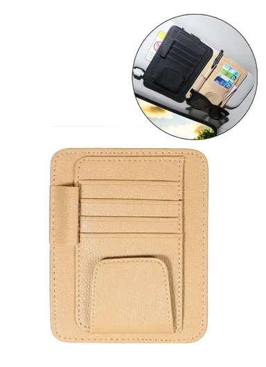 Car Sun Visor Storage Bag Litchi Texture PU Leather Cards Bills Glasses Holder (L15.8 x W12.4)cm - Beige