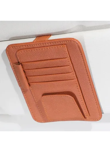 Car Sun Visor Storage Bag Litchi Texture PU Leather Cards Bills Glasses Holder (L15.8 x W12.4)cm - Beige