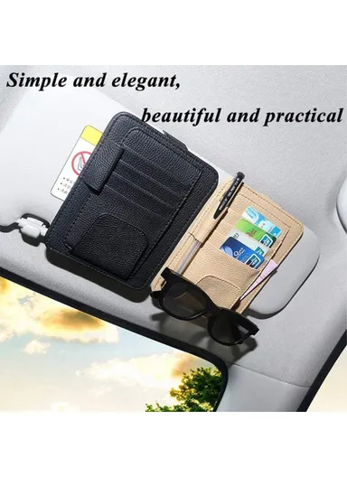 Car Sun Visor Storage Bag Litchi Texture PU Leather Cards Bills Glasses Holder (L15.8 x W12.4)cm - Beige
