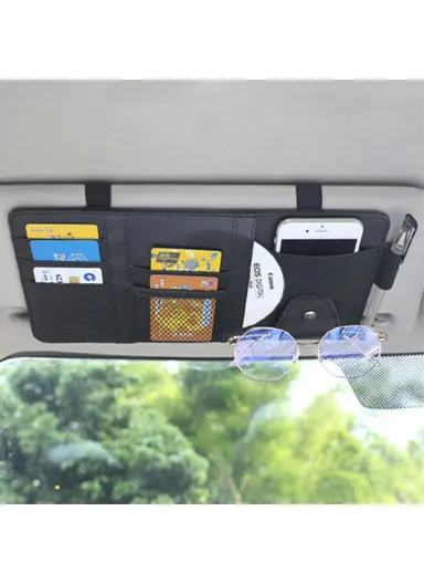 Car Sun Visor Decorative Storage Bag PU Leather Bill Glasses Cards CD Holder Storage Bag - Black