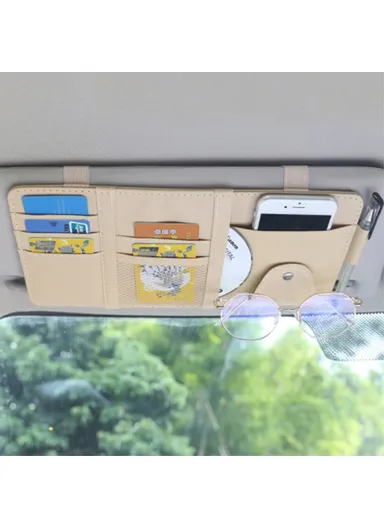 Car Sun Visor Decorative Storage Bag PU Leather Bill Glasses Cards CD Holder Storage Bag - Beige
