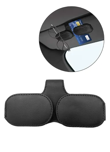 Car Sunglasses Holder Vehicle Visor Clip Magnetic PU Leather Sun Glasses Eyeglass Hanger - Black