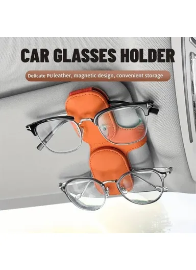 Car Sunglasses Holder Vehicle Visor Clip Magnetic PU Leather Sun Glasses Eyeglass Hanger - Black