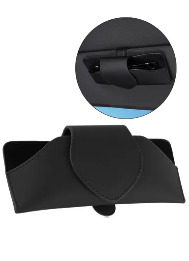 Car Sun Visor Glasses Holder PU Leather Magnetic Flap Sunglasses Clip Case - Black