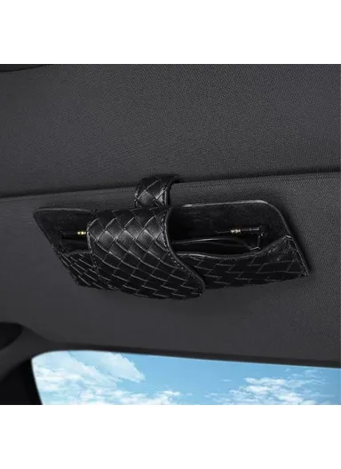 Car Sun Visor Glasses Holder PU Leather Magnetic Flap Sunglasses Clip Case - Woven Texture / Black