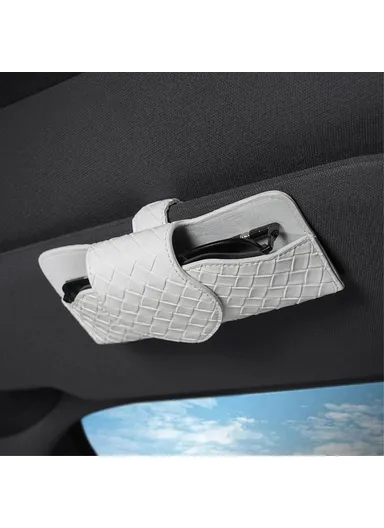 Car Sun Visor Glasses Holder PU Leather Magnetic Flap Sunglasses Clip Case - Woven Texture / White