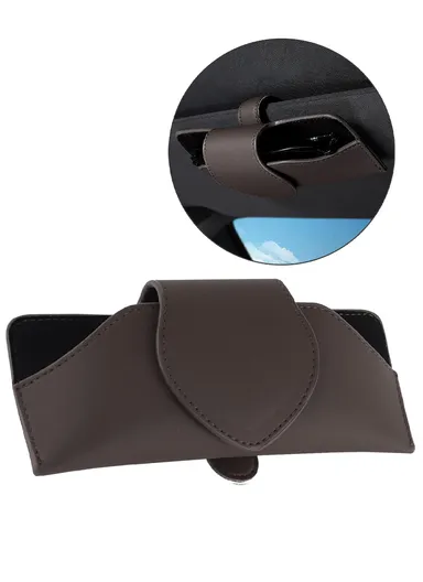 Car Sun Visor Glasses Holder PU Leather Magnetic Flap Sunglasses Clip Case - Brown