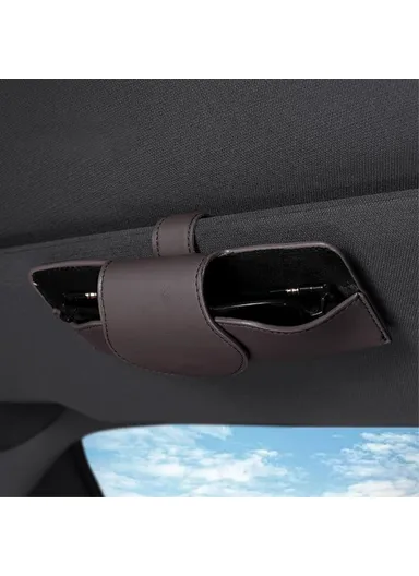 Car Sun Visor Glasses Holder PU Leather Magnetic Flap Sunglasses Clip Case - Brown