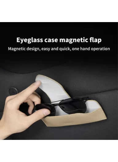Car Sun Visor Glasses Holder PU Leather Magnetic Flap Sunglasses Clip Case - Brown