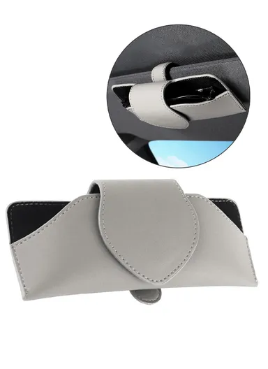 Car Sun Visor Glasses Holder PU Leather Magnetic Flap Sunglasses Clip Case - White