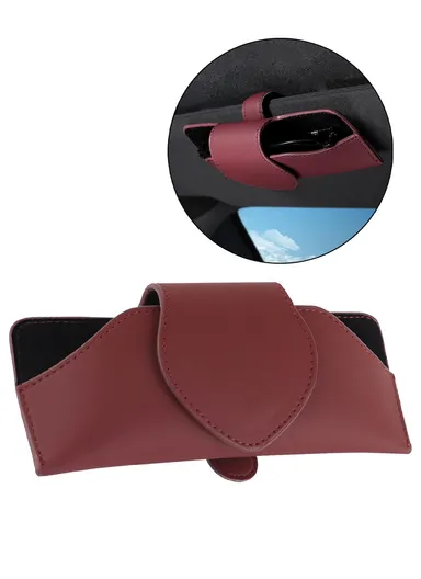 Car Sun Visor Glasses Holder PU Leather Magnetic Flap Sunglasses Clip Case - Wine Red