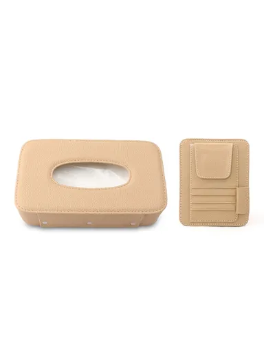Automotive Interior Litchi Texture PU Leather Car Sun Visor Tissue Box Card Clip Set - Beige