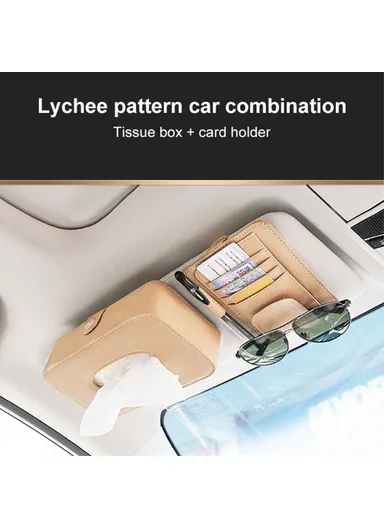 Automotive Interior Litchi Texture PU Leather Car Sun Visor Tissue Box Card Clip Set - Beige