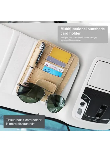 Automotive Interior Litchi Texture PU Leather Car Sun Visor Tissue Box Card Clip Set - Beige