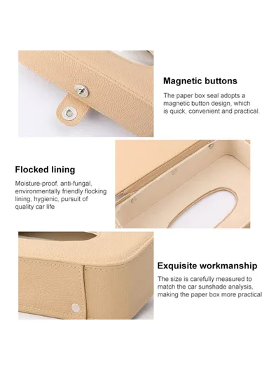 Automotive Interior Litchi Texture PU Leather Car Sun Visor Tissue Box Card Clip Set - Beige