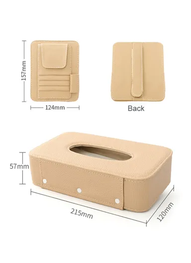 Automotive Interior Litchi Texture PU Leather Car Sun Visor Tissue Box Card Clip Set - Beige