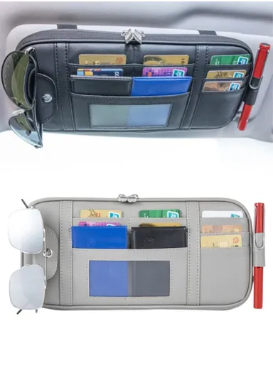 Car Sun Visor Storage Bag PU Leather Driving License Glasses Cards Holder Zipper Pocket Storage Bag - Grey