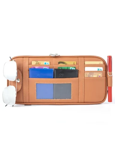 Car Sun Visor Storage Bag PU Leather Driving License Glasses Cards Holder Zipper Pocket Storage Bag - Brown