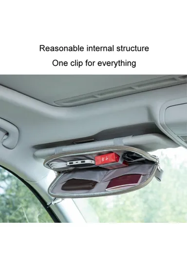 Car Sun Visor Storage Bag PU Leather Driving License Glasses Cards Holder Zipper Pocket Storage Bag - Brown