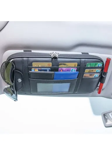 Car Sun Visor Storage Bag PU Leather Driving License Glasses Cards Holder Zipper Pocket Storage Bag - Brown