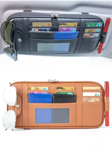 Car Sun Visor Storage Bag PU Leather Driving License Glasses Cards Holder Zipper Pocket Storage Bag - Brown