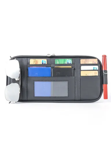 Car Sun Visor Storage Bag PU Leather Driving License Glasses Cards Holder Zipper Pocket Storage Bag - Black