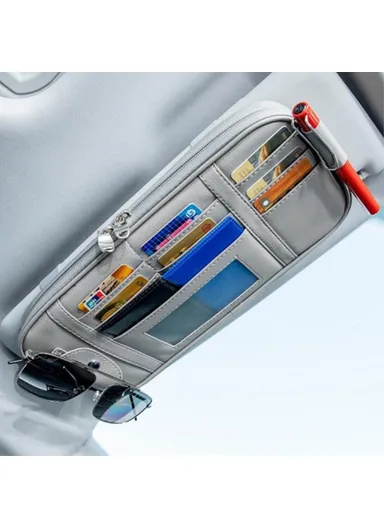 Car Sun Visor Storage Bag PU Leather Driving License Glasses Cards Holder Zipper Pocket Storage Bag - Black
