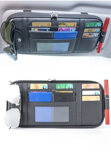 Car Sun Visor Storage Bag PU Leather Driving License Glasses Cards Holder Zipper Pocket Storage Bag - Black