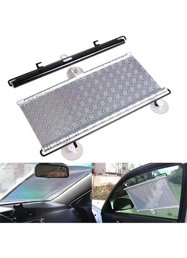 Suction Cup Mount Automatic Retractable Sunshade Curtain Anti-UV Protection Truck Windshield Screen (L40 x W60)cm - Silver