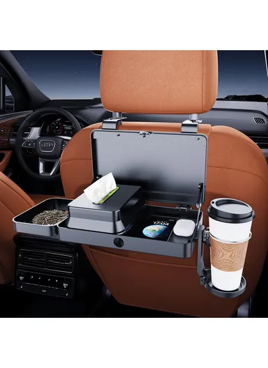Car Back Seat Food Tray, Cup Holder, &amp; Tissue Box Storage Rack Plastic Expandable Organizer K255