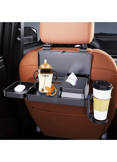 Car Back Seat Food Tray, Cup Holder, &amp; Tissue Box Storage Rack Plastic Expandable Organizer K255