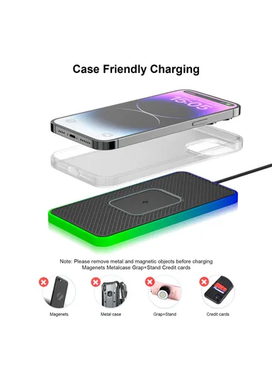 15W Non-Slip Silicone Car Wireless Charging Pad with Ambient Light D15PRO - Type C Plug