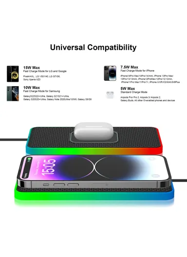 15W Non-Slip Silicone Car Wireless Charging Pad with Ambient Light D15PRO - USB Plug