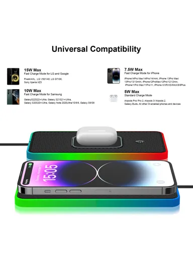15W Car Wireless Charger Non-Slip Desktop Silicone Charging Pad with Button Control &amp; Ambient Light D15PRO - USB Plug