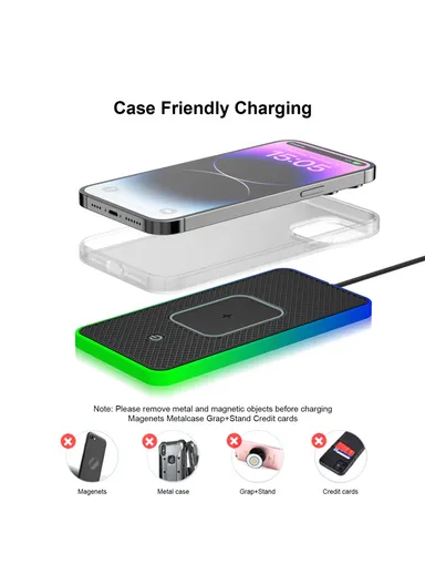 15W Car Wireless Charger Non-Slip Desktop Silicone Charging Pad with Button Control &amp; Ambient Light D15PRO - USB Plug