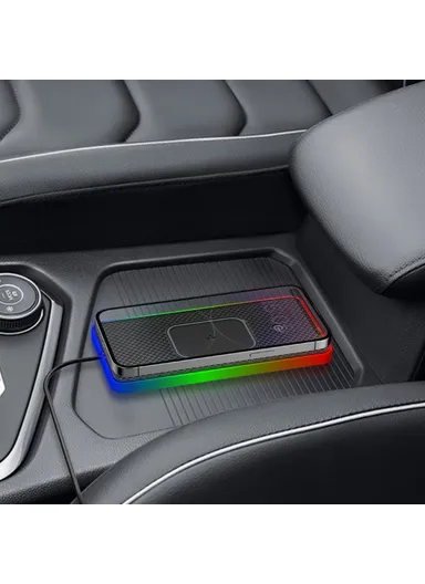15W Car Wireless Charger Non-Slip Desktop Silicone Charging Pad with Button Control &amp; Ambient Light D15PRO - USB Plug