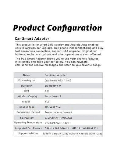 Wired to Wireless CarPlay Android Auto Upgrade Adapter USB &amp; TYPE-C Dual Interface PL2