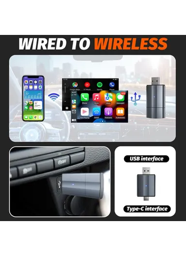 Wired to Wireless CarPlay Android Auto Upgrade Adapter USB &amp; TYPE-C Dual Interface PL2