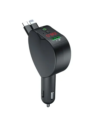3 in 1 Super Fast Car Charger MP3 Player with Bluetooth, Voltage Monitor, Hands-Free Call, FM &amp; Type-C + Lightning Retractable Cables Y2