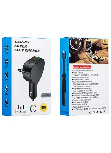 3 in 1 Super Fast Car Charger MP3 Player with Bluetooth, Voltage Monitor, Hands-Free Call, FM &amp; Type-C + Lightning Retractable Cables Y2
