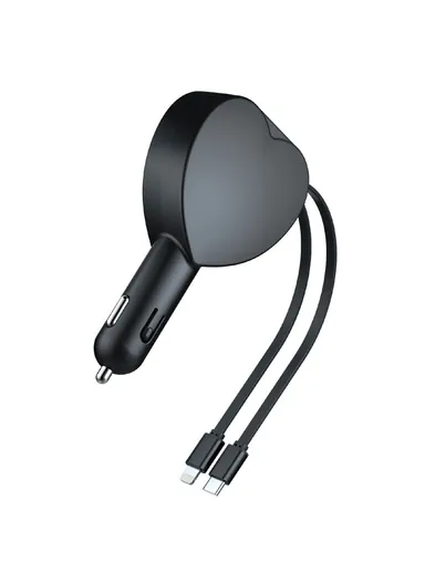 3 in 1 Super Fast Car Charger MP3 Player with Bluetooth, Voltage Monitor, Hands-Free Call, FM &amp; Type-C + Lightning Retractable Cables Y2