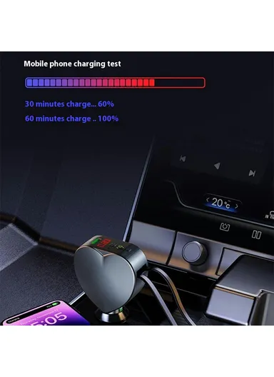 3 in 1 Super Fast Car Charger MP3 Player with Bluetooth, Voltage Monitor, Hands-Free Call, FM &amp; Type-C + Lightning Retractable Cables Y2