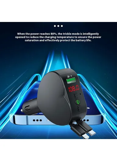 3 in 1 Super Fast Car Charger MP3 Player with Bluetooth, Voltage Monitor, Hands-Free Call, FM &amp; Type-C + Lightning Retractable Cables Y2