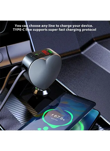 3 in 1 Super Fast Car Charger MP3 Player with Bluetooth, Voltage Monitor, Hands-Free Call, FM &amp; Type-C + Lightning Retractable Cables Y2